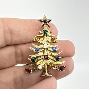 Vintage Signed Eisenberg‎ Ice Multicolor Rhinestones Christmas Tree Brooch